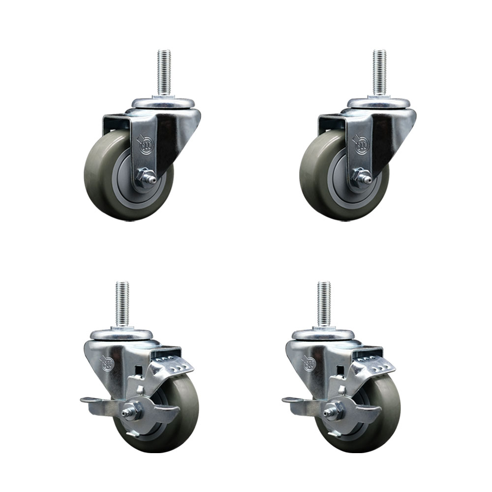 Polyurethane Swivel Threaded Stem Caster Set of 4 w/3" x 1.25" Gray Wheels and 3/4" Stems - Includes 2 with Top Locking Brake - 1,200 lbs Total Capacity - Service Caster Brand — photo 1