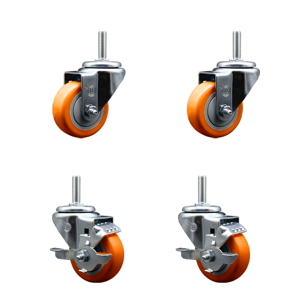 Polyurethane Swivel Threaded Stem Caster Set of 4 w/3" x 1.25" Orange Wheels and 3/4" Stems - Includes 2 with Top Locking Brake - 1,200 lbs Total Capacity - Service Caster Brand — photo 1