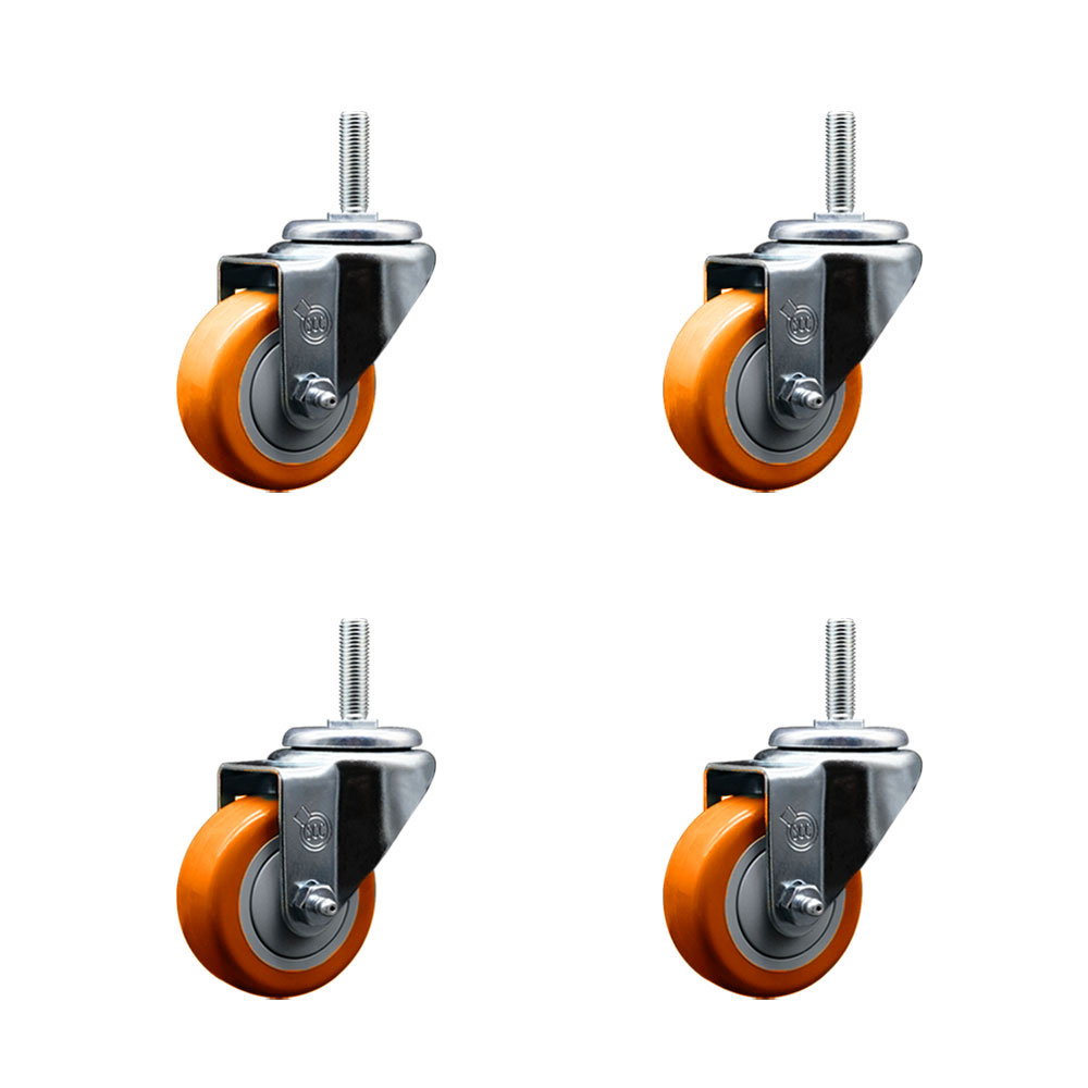 Polyurethane Swivel Threaded Stem Caster Set of 4 w/3" x 1.25" Orange Wheels and 3/4" Stems - Includes 4 Swivel - 1,200 lbs Total Capacity - Service Caster Brand — photo 1