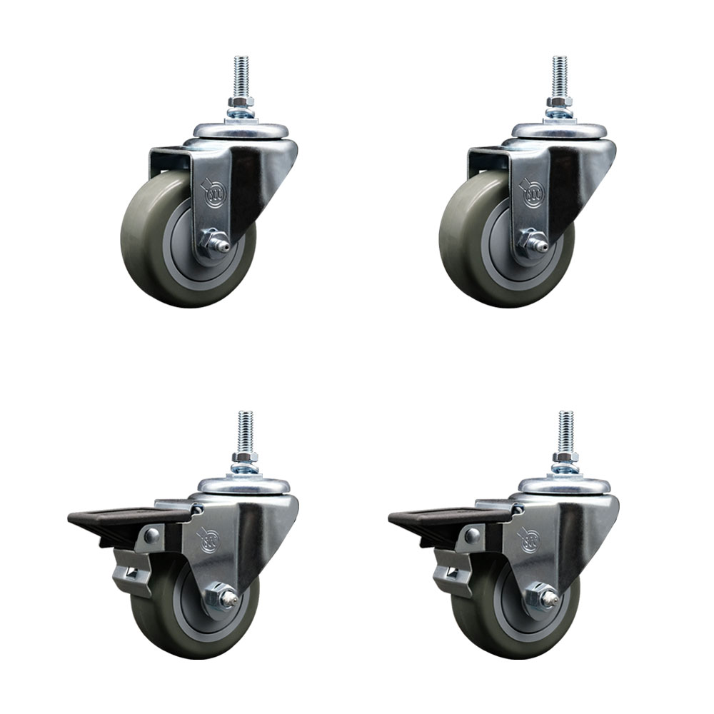 Polyurethane Swivel Threaded Stem Caster Set of 4 w/3" x 1.25" Gray Wheels and 3/8" Stems - Includes 2 with Posi Locking Brake - 1,200 lbs Total Capacity - Service Caster Brand — photo 1