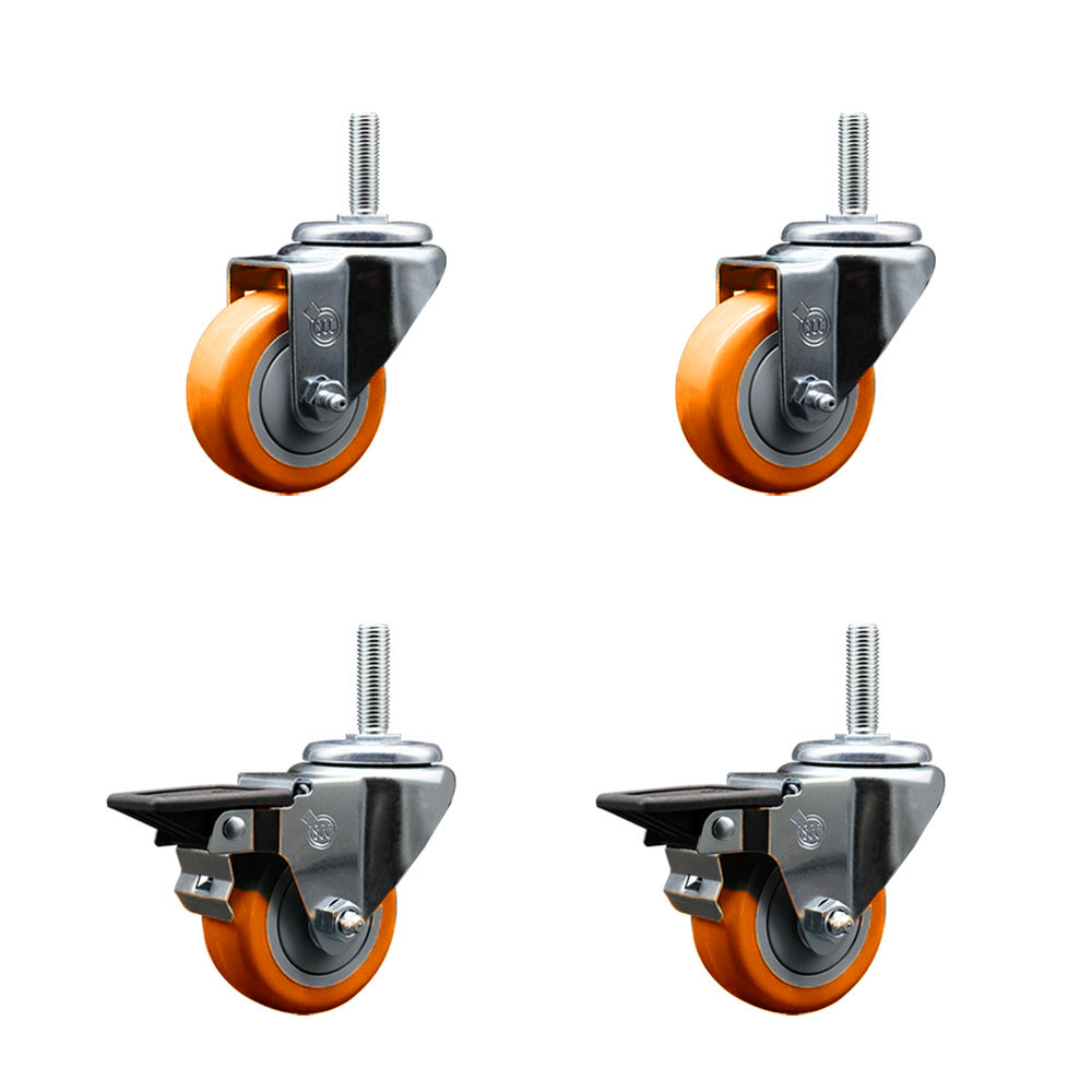 Polyurethane Swivel Threaded Stem Caster Set of 4 w/3" x 1.25" Orange Wheels and 5/8" Stems - Includes 2 with Posi Locking Brake - 1,200 lbs Total Capacity - Service Caster Brand — photo 1