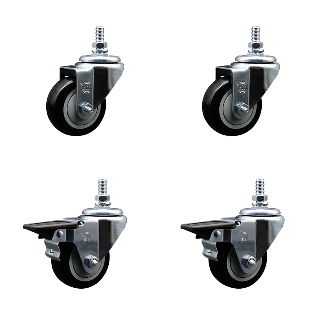 Polyurethane Swivel Threaded Stem Caster Set of 4 w/3" x 1.25" Black Wheels and 1/2" Stems - Includes 2 with Posi Locking Brake - 1,200 lbs Total Capacity - Service Caster Brand — photo 1