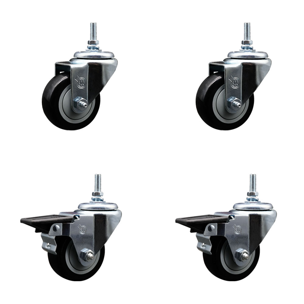 Polyurethane Swivel Threaded Stem Caster Set of 4 w/3" x 1.25" Black Wheels and 3/8" Stems - Includes 2 with Posi Locking Brake - 1,200 lbs Total Capacity - Service Caster Brand — photo 1