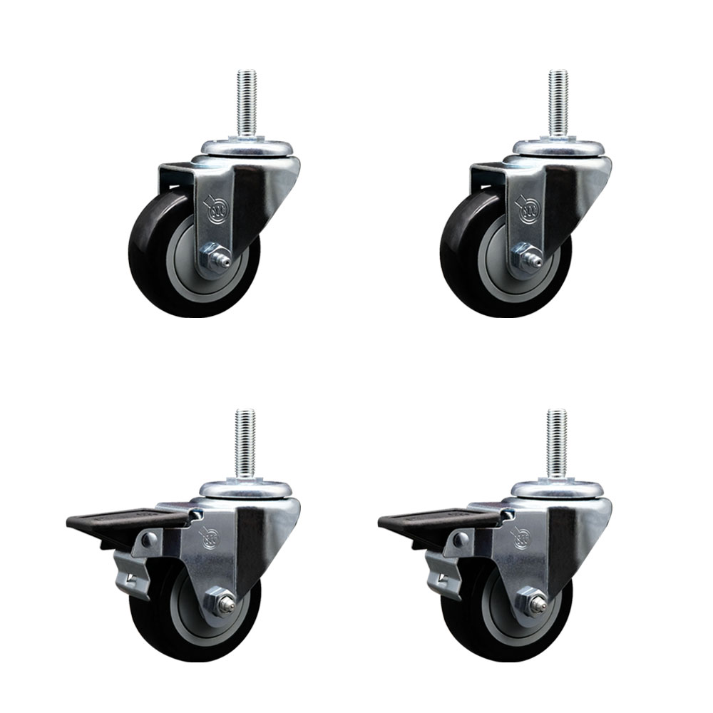 Polyurethane Swivel Threaded Stem Caster Set of 4 w/3" x 1.25" Black Wheels and 5/8" Stems - Includes 2 with Posi Locking Brake - 1,200 lbs Total Capacity - Service Caster Brand — photo 1