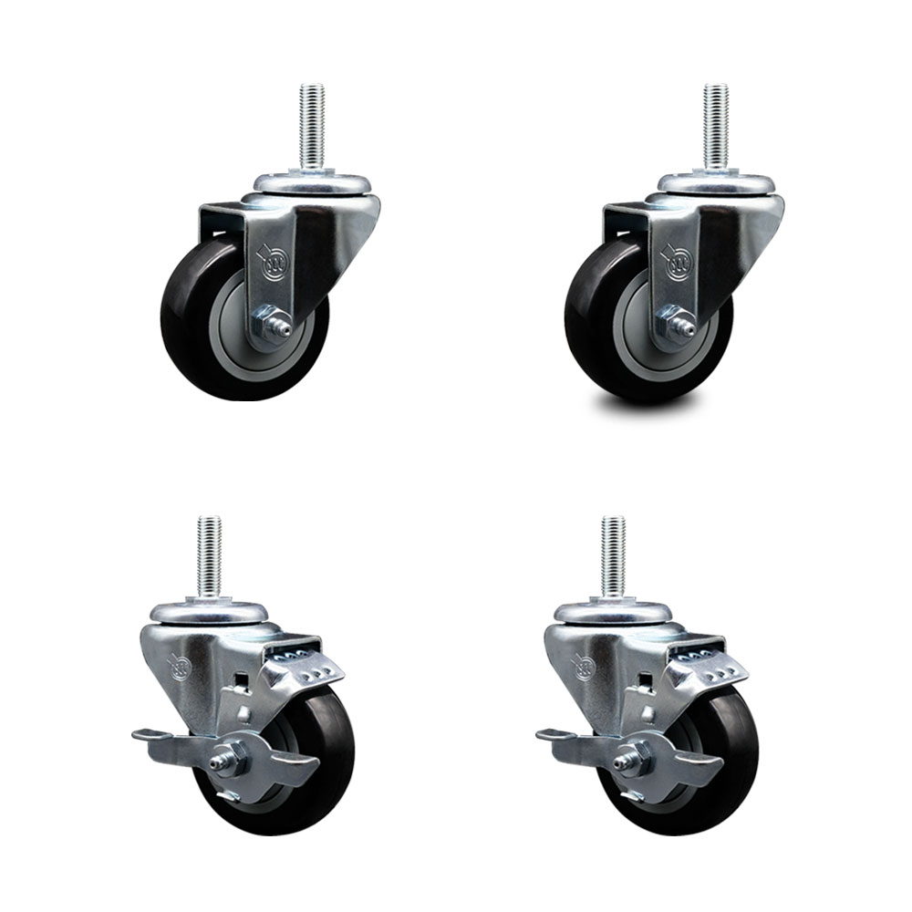 Polyurethane Swivel Threaded Stem Caster Set of 4 w/3" x 1.25" Black Wheels and 5/8" Stems - Includes 2 with Top Locking Brake - 1,200 lbs Total Capacity - Service Caster Brand — photo 1