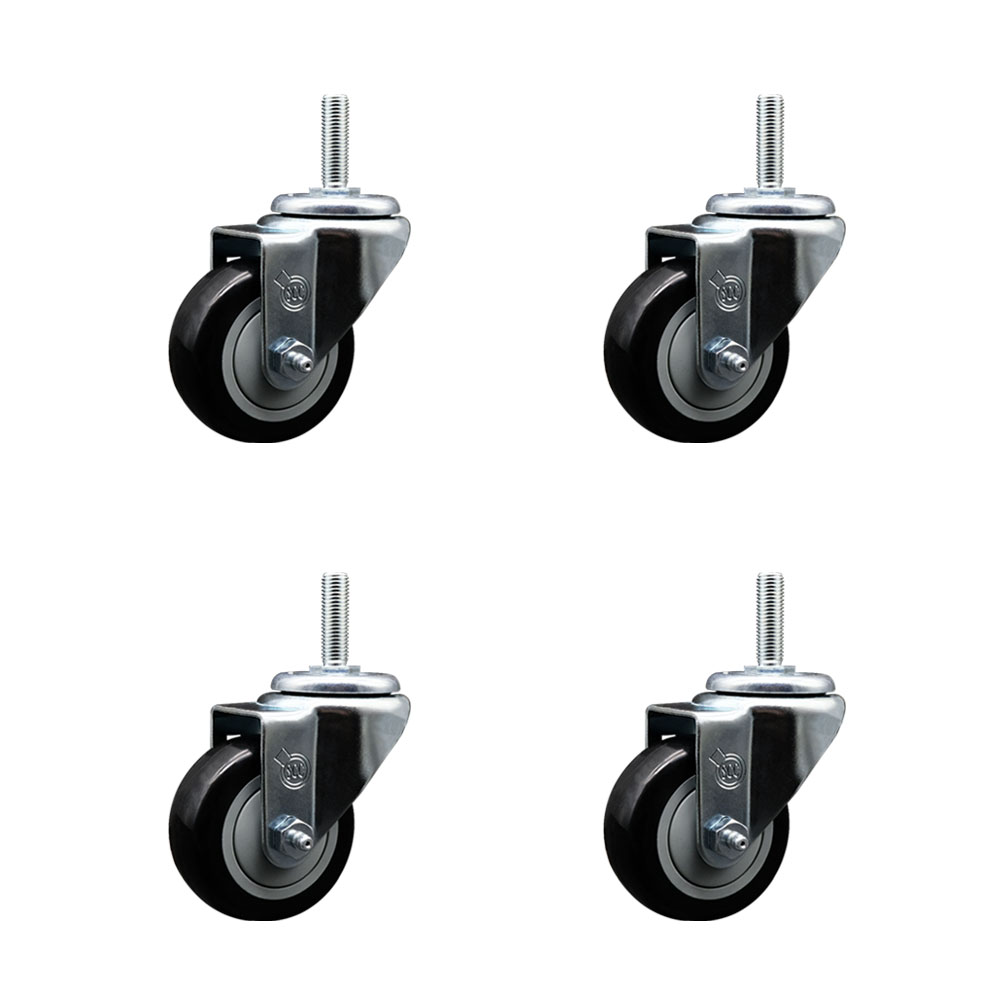 Polyurethane Swivel Threaded Stem Caster Set of 4 w/3" x 1.25" Black Wheels and 5/8" Stems - Includes 4 Swivel - 1,200 lbs Total Capacity - Service Caster Brand — photo 1