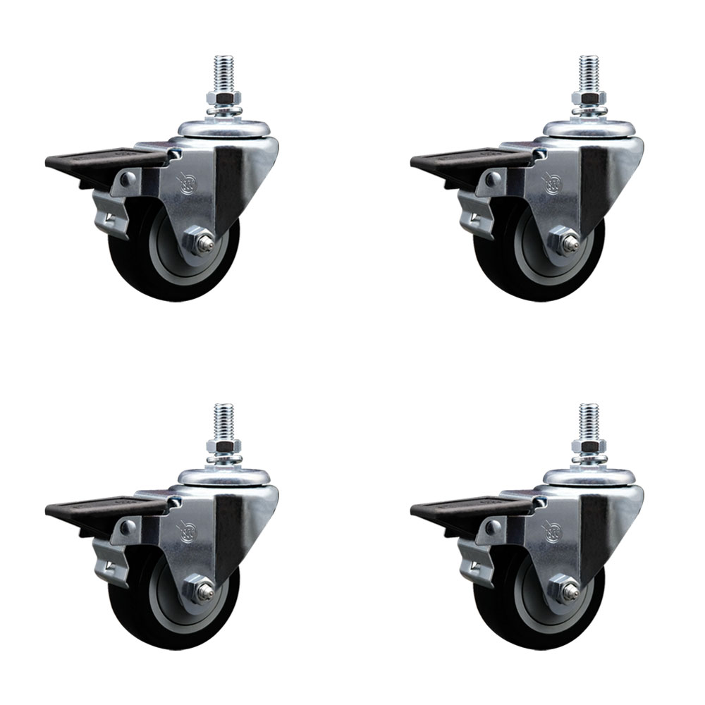 Polyurethane Swivel Threaded Stem Caster Set of 4 w/3" x 1.25" Black Wheels and 1/2" Stems - Includes 4 with Posi Lock Brakes - 1,200 lbs Total Capacity - Service Caster Brand — photo 1