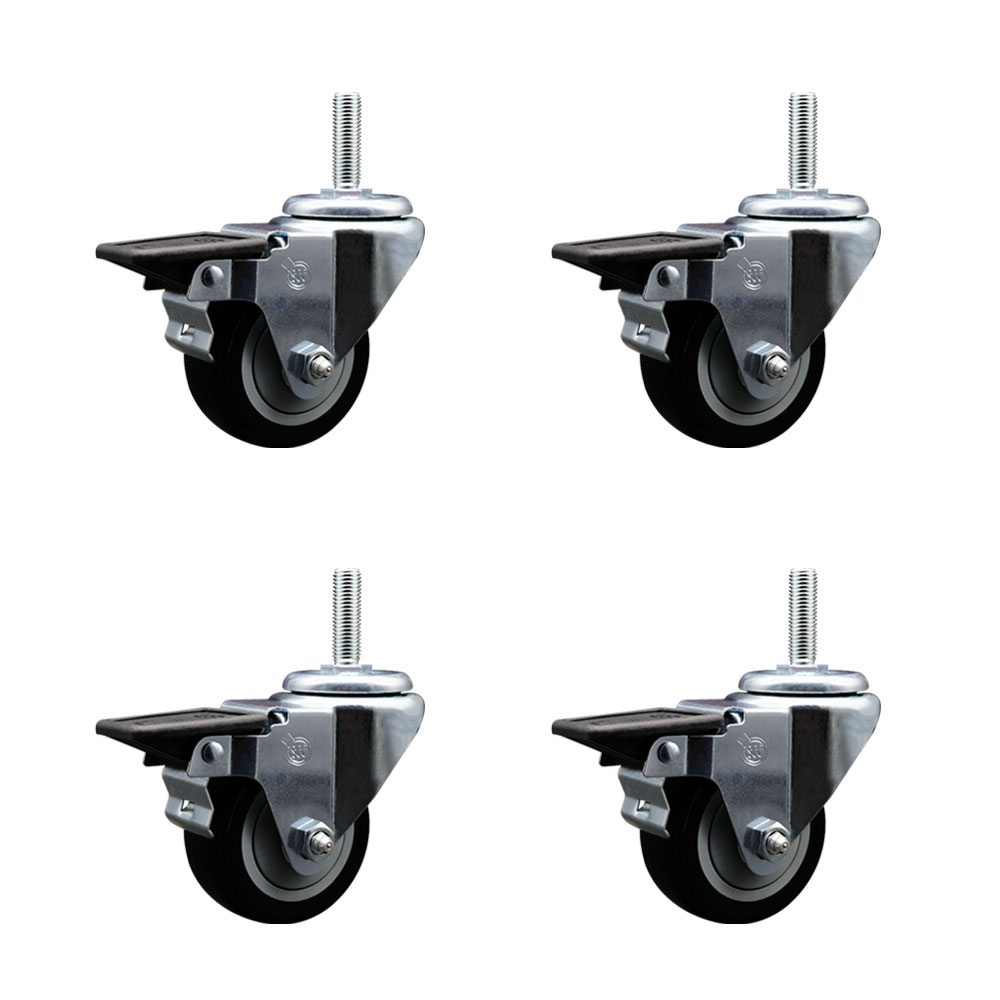 Polyurethane Swivel Threaded Stem Caster Set of 4 w/3" x 1.25" Black Wheels and 3/4" Stems - Includes 4 with Posi Lock Brakes - 1,200 lbs Total Capacity - Service Caster Brand — photo 1