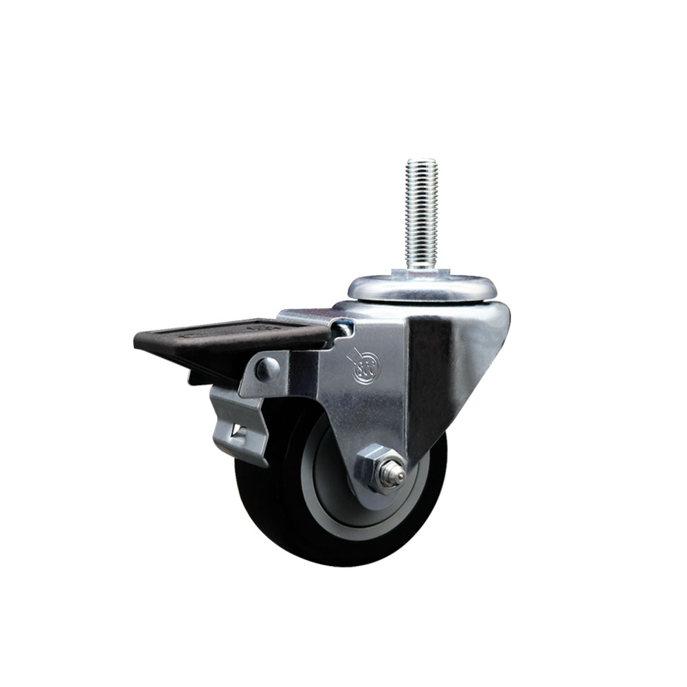 Polyurethane Swivel Threaded Stem Caster w/3" x 1.25" Black Wheel and 3/4" Stem & Posi Locking Brake - 300 lbs Capacity/Caster - Service Caster Brand — photo 1