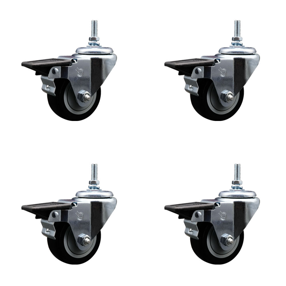 Polyurethane Swivel Threaded Stem Caster Set of 4 w/3" x 1.25" Black Wheels and 3/8" Stems - Includes 4 with Posi Lock Brakes - 1,200 lbs Total Capacity - Service Caster Brand — photo 1