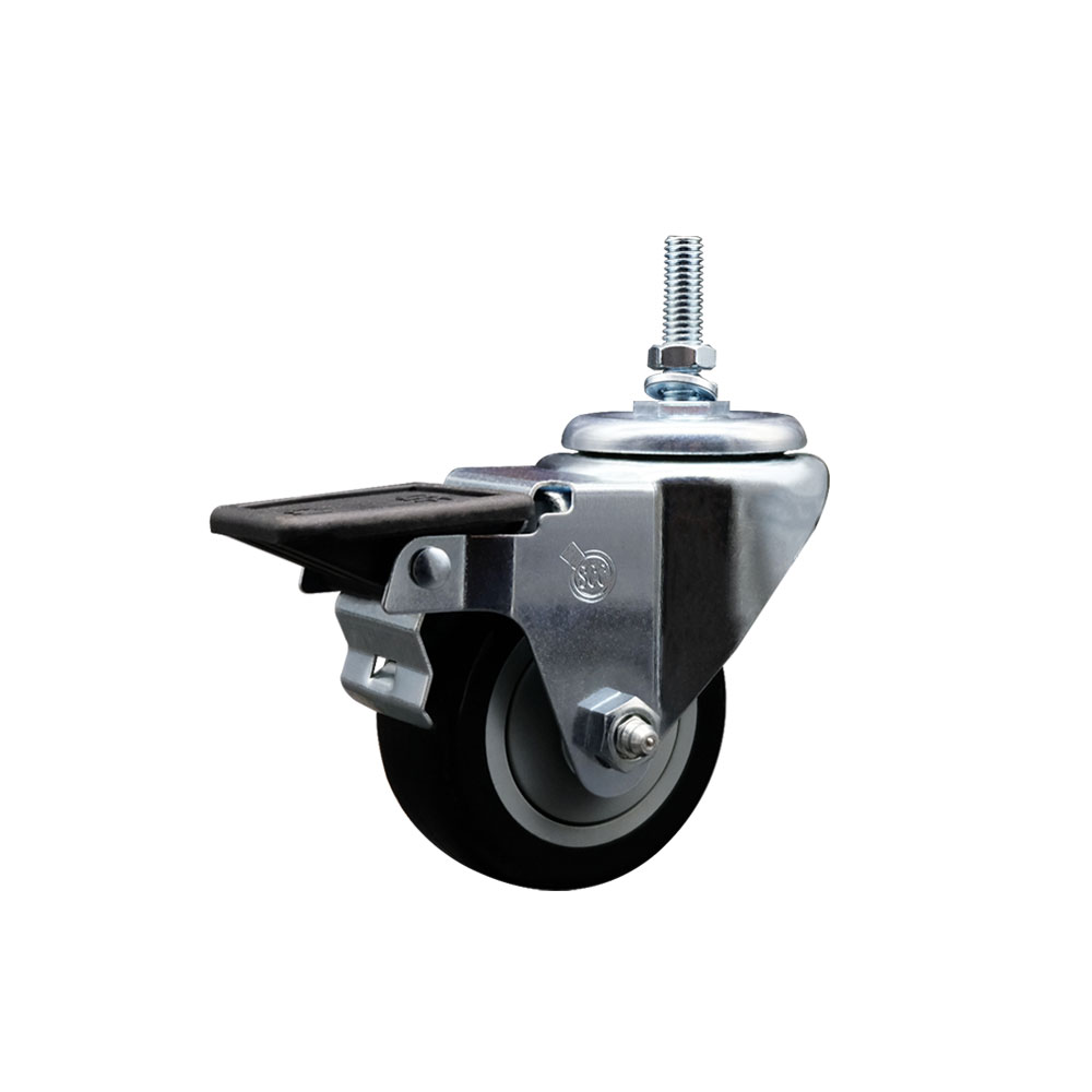 Polyurethane Swivel Threaded Stem Caster w/3" x 1.25" Black Wheel and 3/8" Stem & Posi Locking Brake - 300 lbs Capacity/Caster - Service Caster Brand — photo 1
