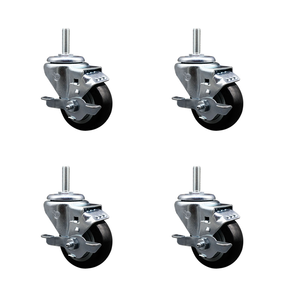 Polyurethane Swivel Threaded Stem Caster Set of 4 w/3" x 1.25" Black Wheels and 5/8" Stems - Includes 4 with Top Lock Brakes - 1,200 lbs Total Capacity - Service Caster Brand — photo 1