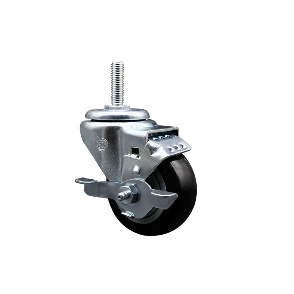 Polyurethane Swivel Threaded Stem Caster w/3" x 1.25" Black Wheel and 5/8" Stem & Top Locking Brake - 300 lbs Capacity/Caster - Service Caster Brand — photo 1