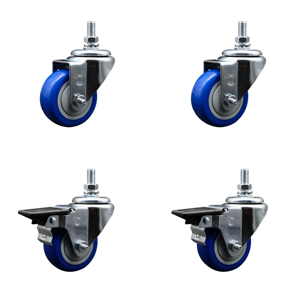 Polyurethane Swivel Threaded Stem Caster Set of 4 w/3" x 1.25" Blue Wheels and 1/2" Stems - Includes 2 with Posi Locking Brake - 1,200 lbs Total Capacity - Service Caster Brand — photo 1