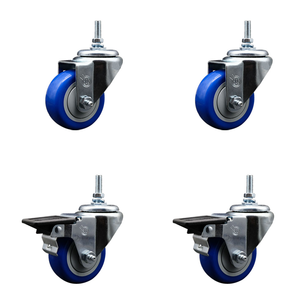 Polyurethane Swivel Threaded Stem Caster Set of 4 w/3" x 1.25" Blue Wheels and 3/8" Stems - Includes 2 with Posi Locking Brake - 1,200 lbs Total Capacity - Service Caster Brand — photo 1