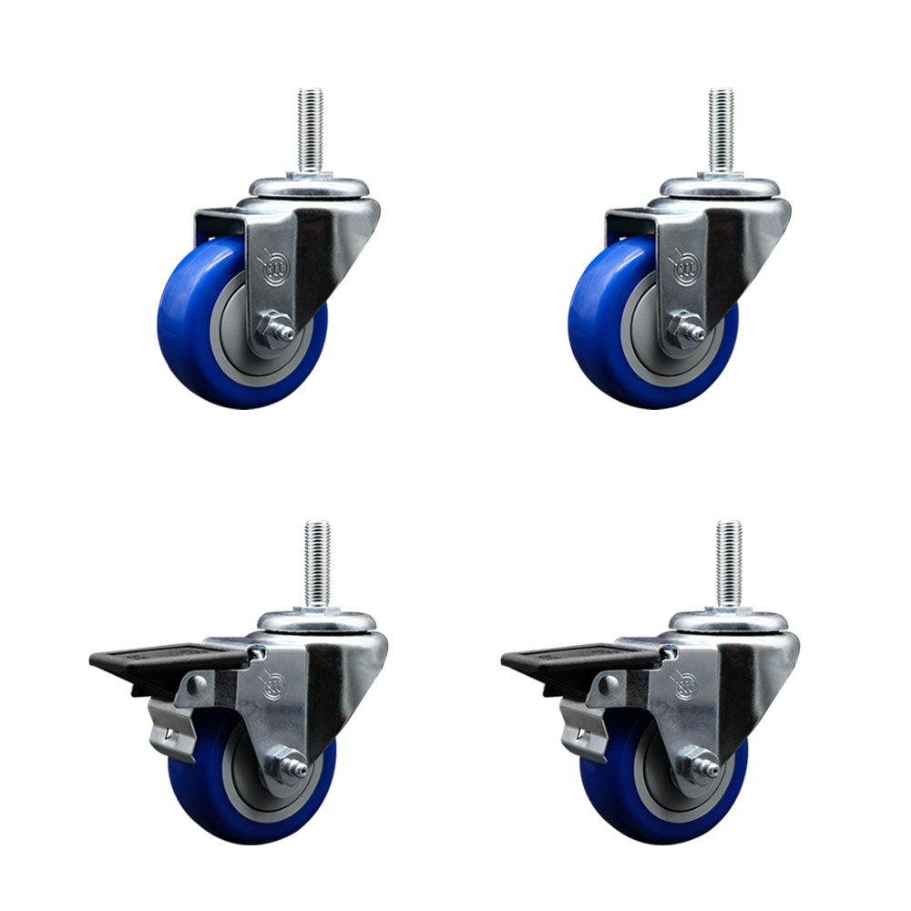 Polyurethane Swivel Threaded Stem Caster Set of 4 w/3" x 1.25" Blue Wheels and 5/8" Stems - Includes 2 with Posi Locking Brake - 1,200 lbs Total Capacity - Service Caster Brand — photo 1