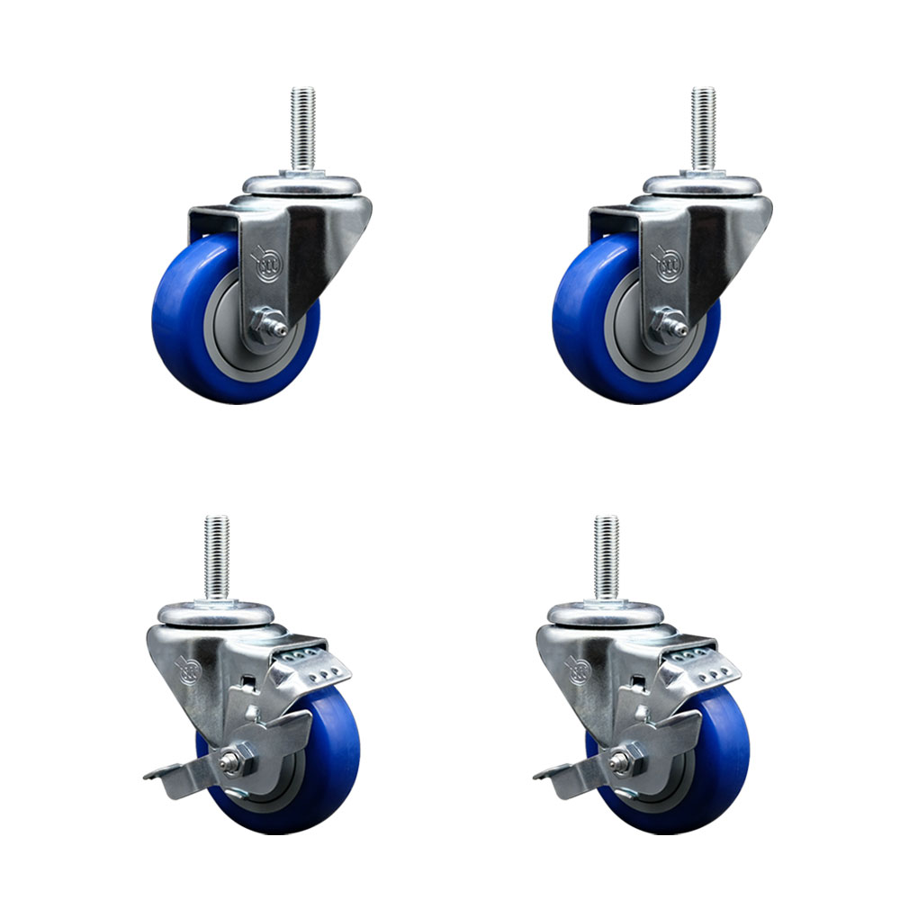 Polyurethane Swivel Threaded Stem Caster Set of 4 w/3" x 1.25" Blue Wheels and 5/8" Stems - Includes 2 with Top Locking Brake - 1,200 lbs Total Capacity - Service Caster Brand — photo 1
