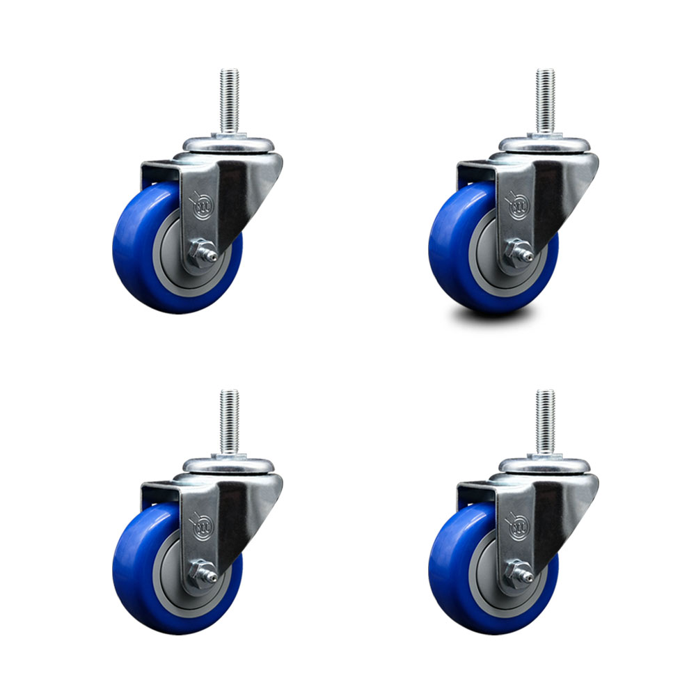 Polyurethane Swivel Threaded Stem Caster Set of 4 w/3" x 1.25" Blue Wheels and 5/8" Stems - Includes 4 Swivel - 1,200 lbs Total Capacity - Service Caster Brand — photo 1