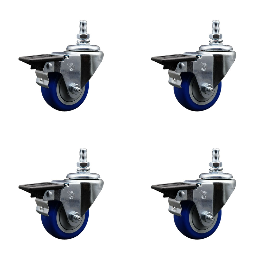 Polyurethane Swivel Threaded Stem Caster Set of 4 w/3" x 1.25" Blue Wheels and 1/2" Stems - Includes 4 with Posi Lock Brakes - 1,200 lbs Total Capacity - Service Caster Brand — photo 1