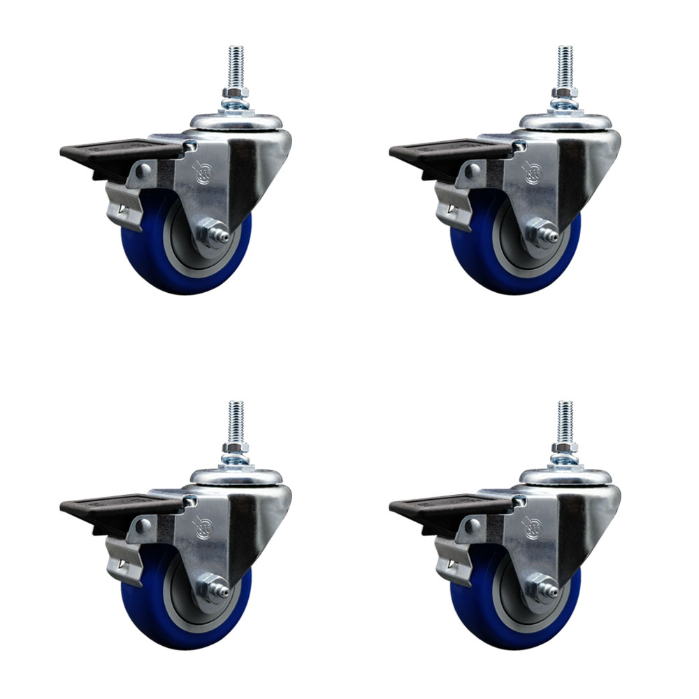 Polyurethane Swivel Threaded Stem Caster Set of 4 w/3" x 1.25" Blue Wheels and 3/8" Stems - Includes 4 with Posi Lock Brakes - 1,200 lbs Total Capacity - Service Caster Brand — photo 1