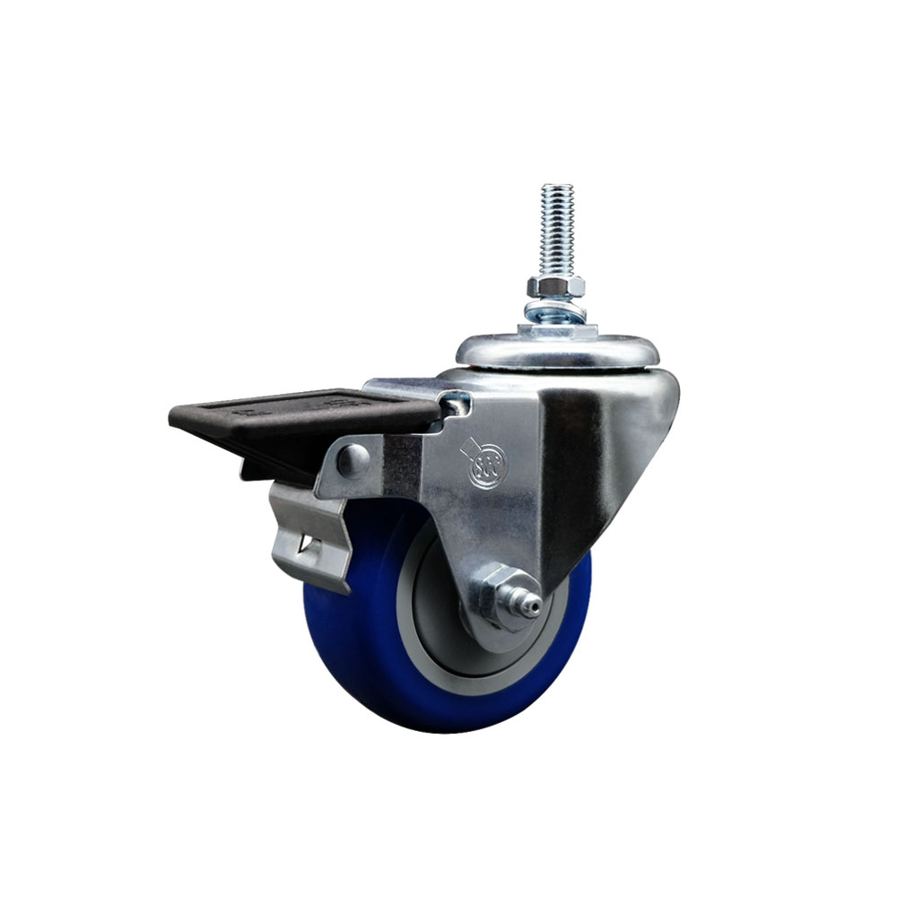 Polyurethane Swivel Threaded Stem Caster w/3" x 1.25" Blue Wheel and 3/8" Stem & Posi Locking Brake - 300 lbs Capacity/Caster - Service Caster Brand — photo 1