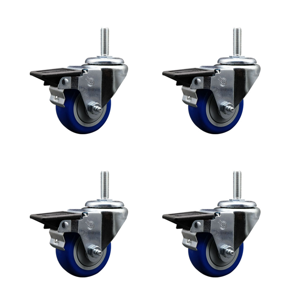 Polyurethane Swivel Threaded Stem Caster Set of 4 w/3" x 1.25" Blue Wheels and 5/8" Stems - Includes 4 with Posi Lock Brakes - 1,200 lbs Total Capacity - Service Caster Brand — photo 1