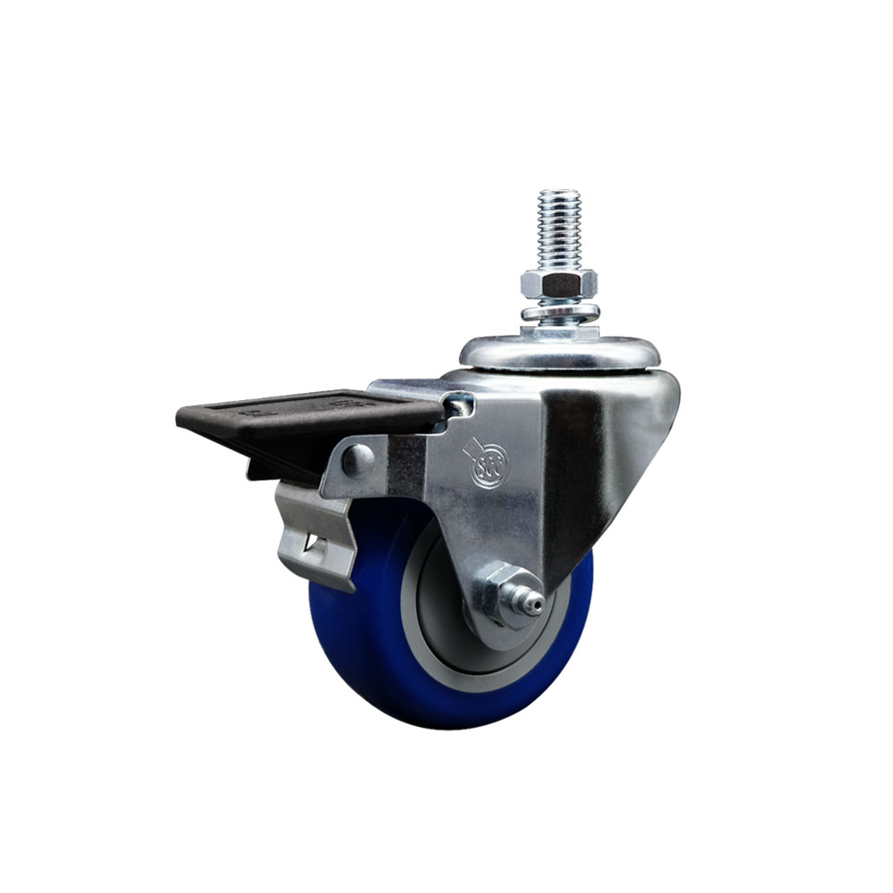 Polyurethane Swivel Threaded Stem Caster w/3" x 1.25" Blue Wheel and 10MM Stem & Posi Locking Brake - 300 lbs Capacity/Caster - Service Caster Brand — photo 1