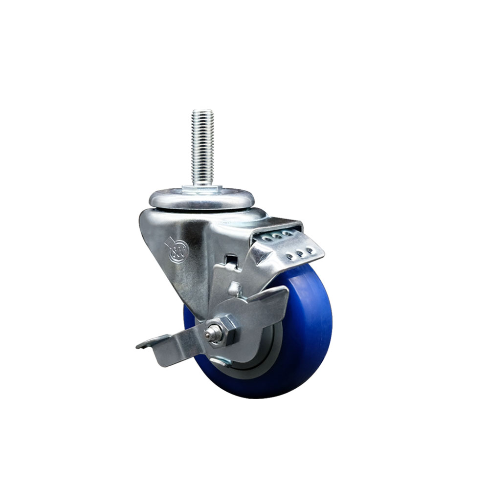 Polyurethane Swivel Threaded Stem Caster w/3" x 1.25" Blue Wheel and 5/8" Stem & Top Locking Brake - 300 lbs Capacity/Caster - Service Caster Brand — photo 1