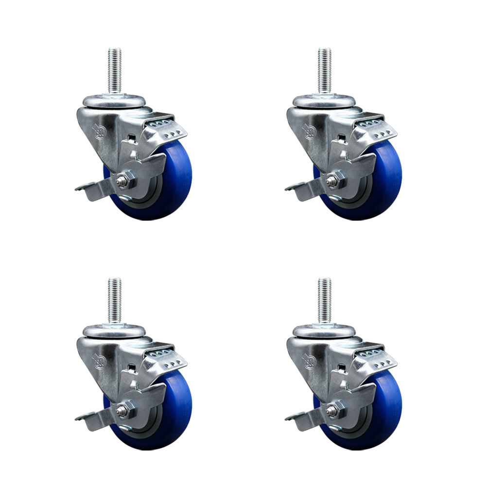 Polyurethane Swivel Threaded Stem Caster Set of 4 w/3" x 1.25" Blue Wheels and 5/8" Stems - Includes 4 with Top Lock Brakes - 1,200 lbs Total Capacity - Service Caster Brand — photo 1