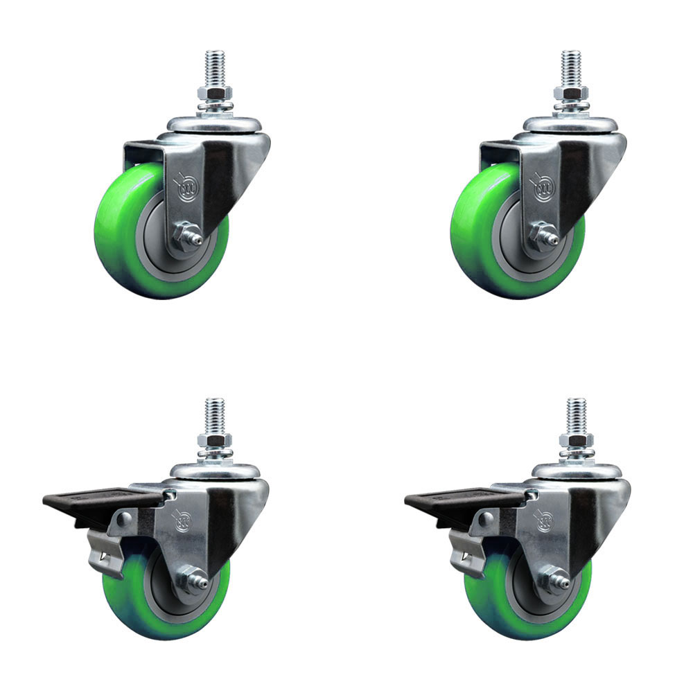 Polyurethane Swivel Threaded Stem Caster Set of 4 w/3" x 1.25" Green Wheels and 1/2" Stems - Includes 2 with Posi Locking Brake - 1,200 lbs Total Capacity - Service Caster Brand — photo 1