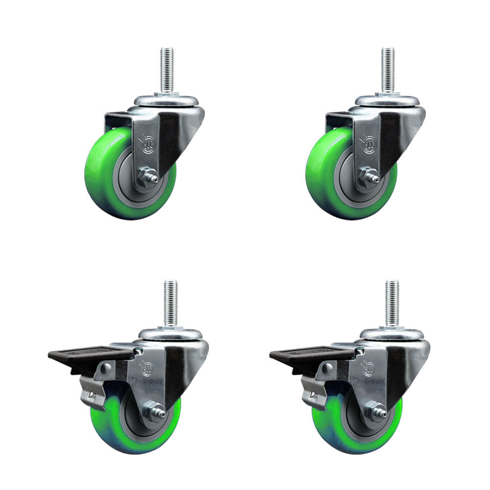 Polyurethane Swivel Threaded Stem Caster Set of 4 w/3" x 1.25" Green Wheels and 3/4" Stems - Includes 2 with Posi Locking Brake - 1,200 lbs Total Capacity - Service Caster Brand — photo 1