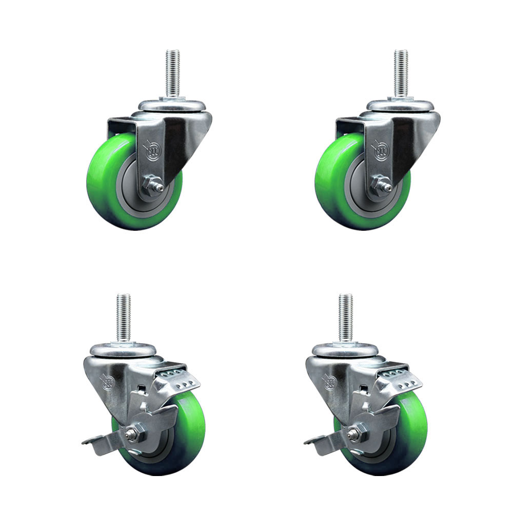Polyurethane Swivel Threaded Stem Caster Set of 4 w/3" x 1.25" Green Wheels and 3/4" Stems - Includes 2 with Top Locking Brake - 1,200 lbs Total Capacity - Service Caster Brand — photo 1