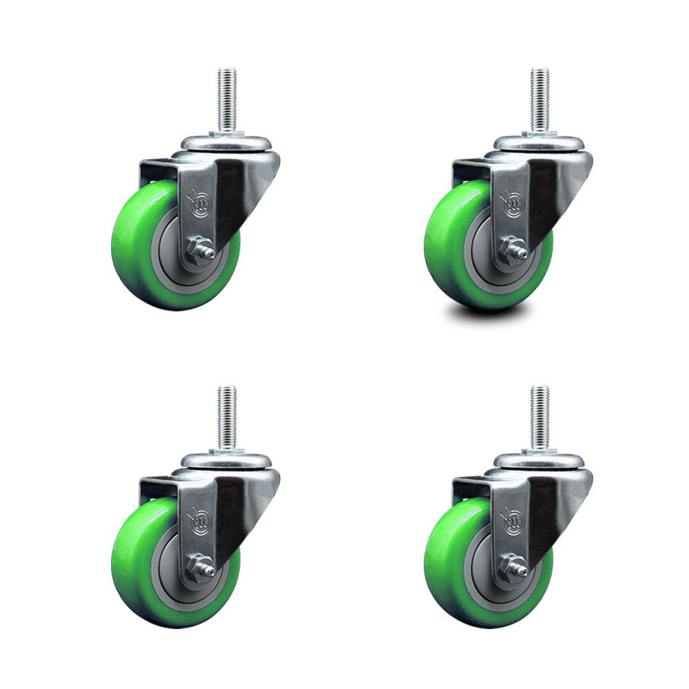 Polyurethane Swivel Threaded Stem Caster Set of 4 w/3" x 1.25" Green Wheels and 3/4" Stems - Includes 4 Swivel - 1,200 lbs Total Capacity - Service Caster Brand — photo 1