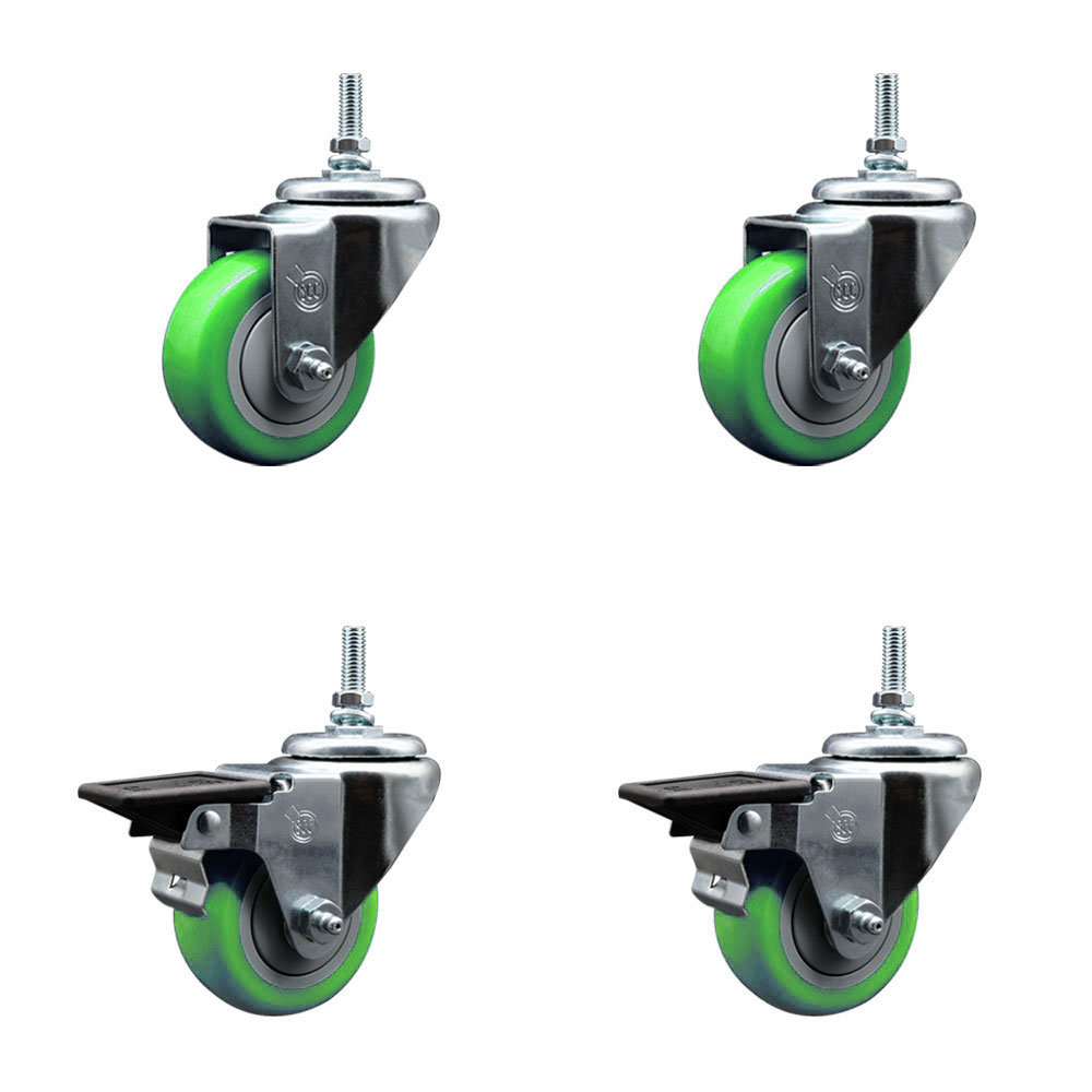Polyurethane Swivel Threaded Stem Caster Set of 4 w/3" x 1.25" Green Wheels and 3/8" Stems - Includes 2 with Posi Locking Brake - 1,200 lbs Total Capacity - Service Caster Brand — photo 1