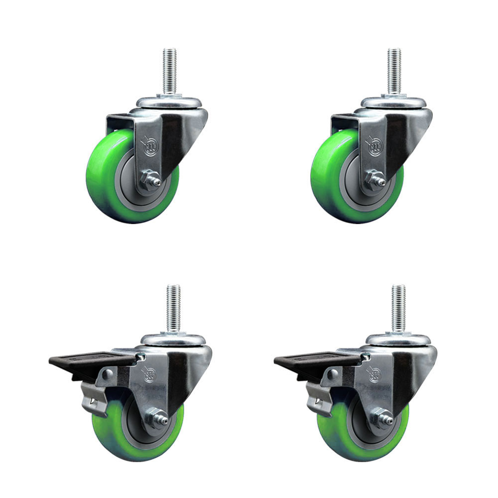Polyurethane Swivel Threaded Stem Caster Set of 4 w/3" x 1.25" Green Wheels and 5/8" Stems - Includes 2 with Posi Locking Brake - 1,200 lbs Total Capacity - Service Caster Brand — photo 1