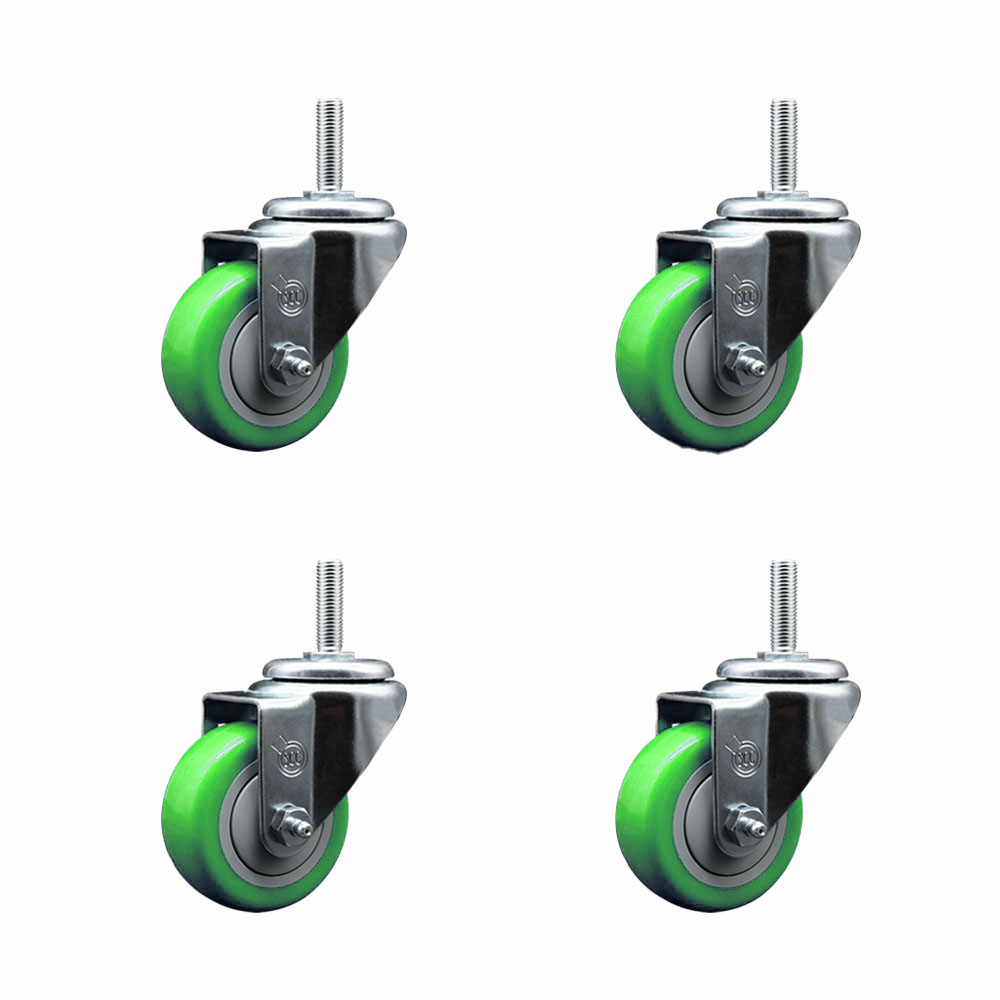 Polyurethane Swivel Threaded Stem Caster Set of 4 w/3" x 1.25" Green Wheels and 5/8" Stems - Includes 4 Swivel - 1,200 lbs Total Capacity - Service Caster Brand — photo 1