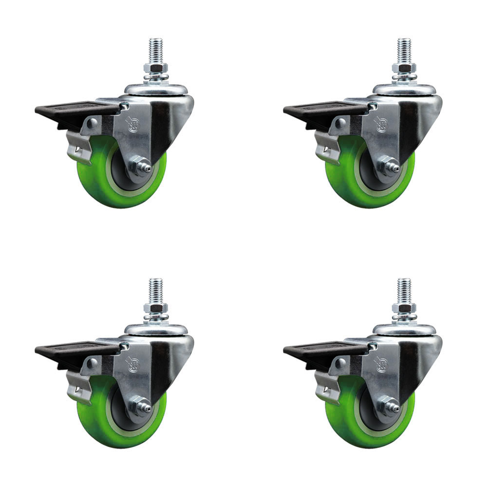 Polyurethane Swivel Threaded Stem Caster Set of 4 w/3" x 1.25" Green Wheels and 1/2" Stems - Includes 4 with Posi Lock Brakes - 1,200 lbs Total Capacity - Service Caster Brand — photo 1