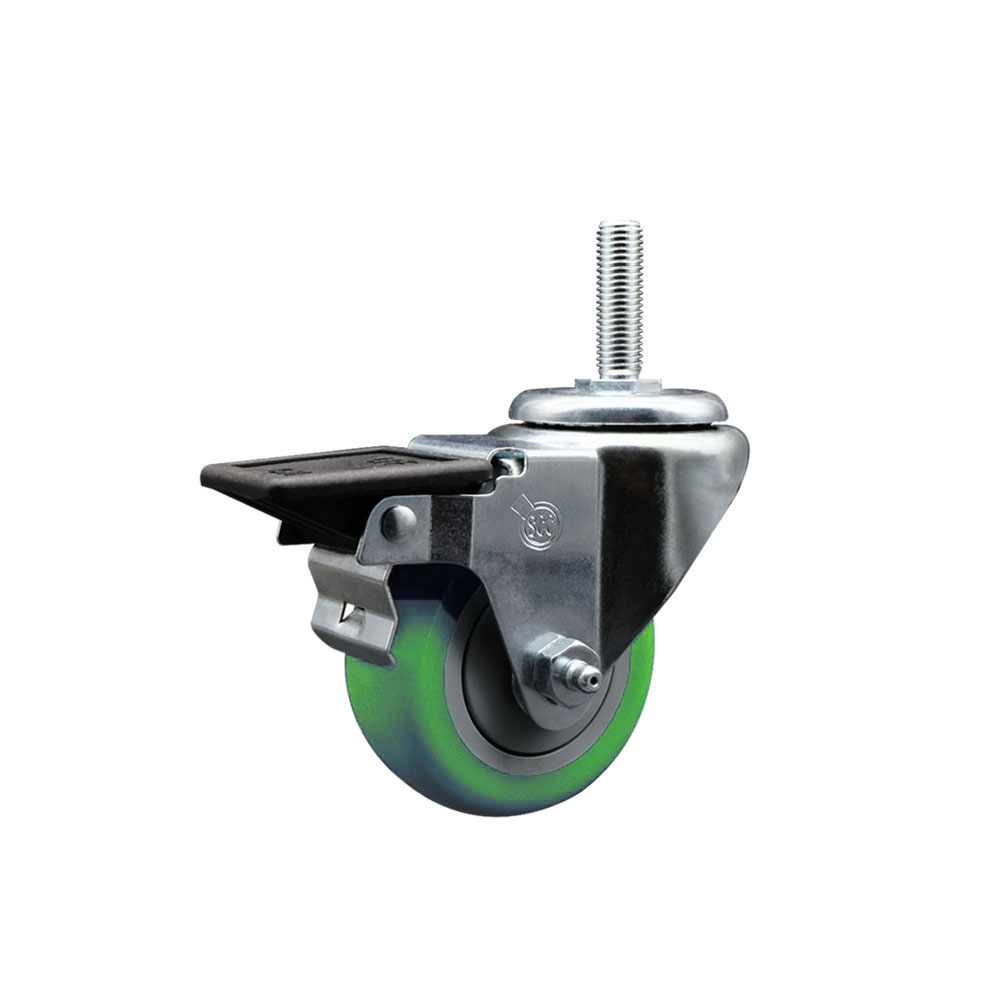Polyurethane Swivel Threaded Stem Caster w/3" x 1.25" Green Wheel and 3/4" Stem & Posi Locking Brake - 300 lbs Capacity/Caster - Service Caster Brand — photo 1