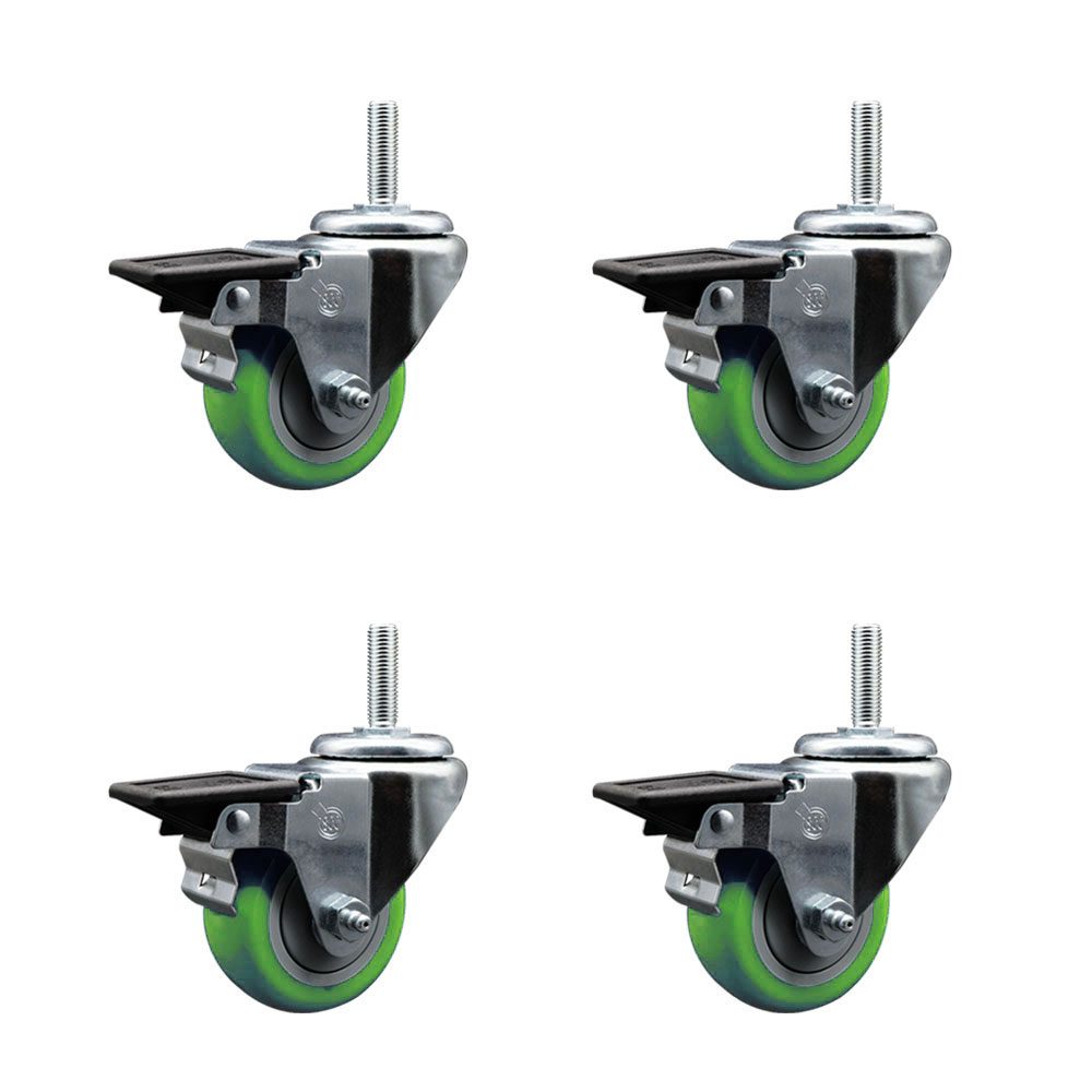 Polyurethane Swivel Threaded Stem Caster Set of 4 w/3" x 1.25" Green Wheels and 3/4" Stems - Includes 4 with Posi Lock Brakes - 1,200 lbs Total Capacity - Service Caster Brand — photo 1