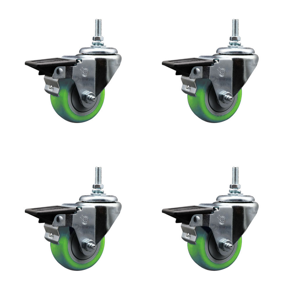 Polyurethane Swivel Threaded Stem Caster Set of 4 w/3" x 1.25" Green Wheels and 3/8" Stems - Includes 4 with Posi Lock Brakes - 1,200 lbs Total Capacity - Service Caster Brand — photo 1