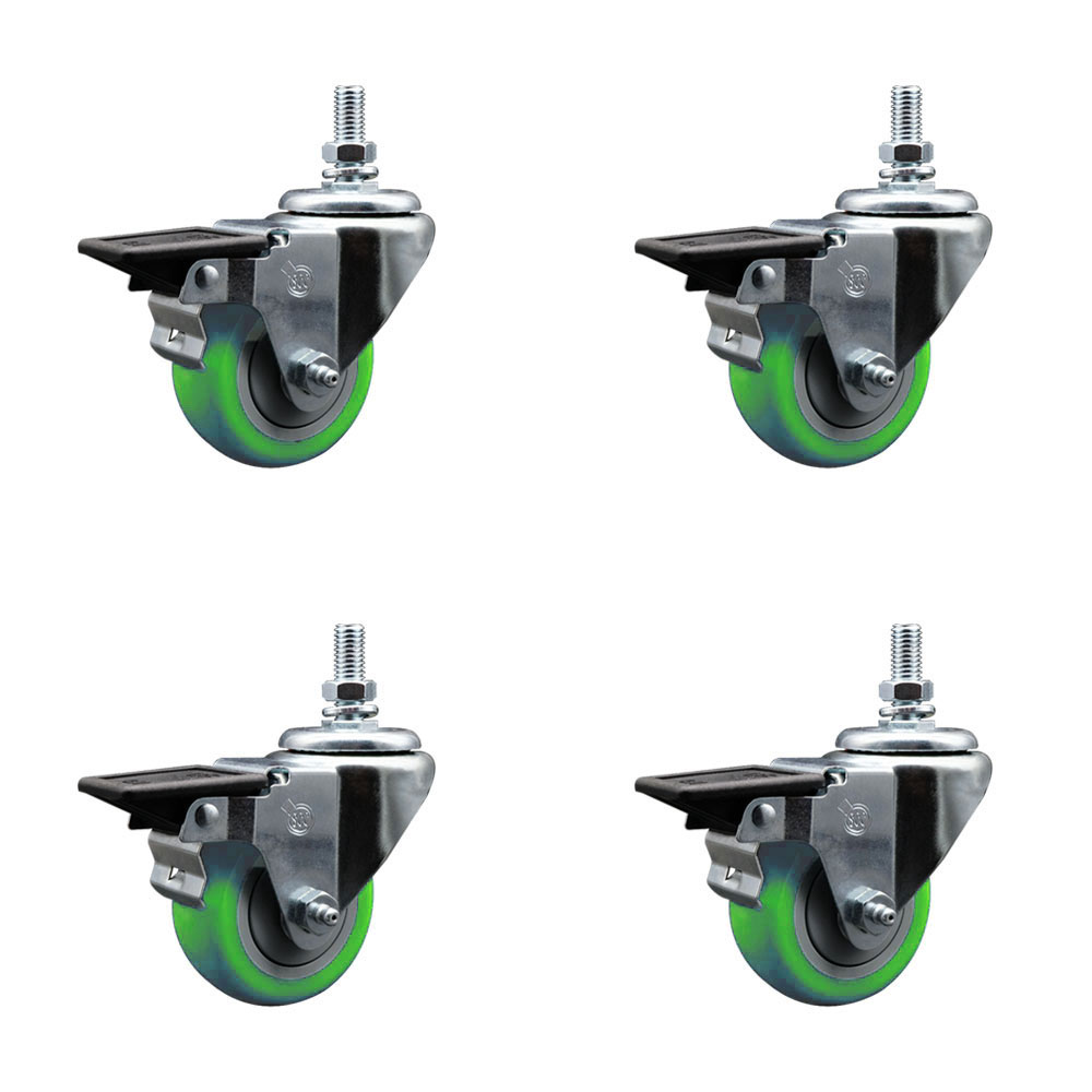 Polyurethane Swivel Threaded Stem Caster Set of 4 w/3" x 1.25" Green Wheels and 10MM Stems - Includes 4 with Posi Lock Brakes - 1,200 lbs Total Capacity - Service Caster Brand — photo 1