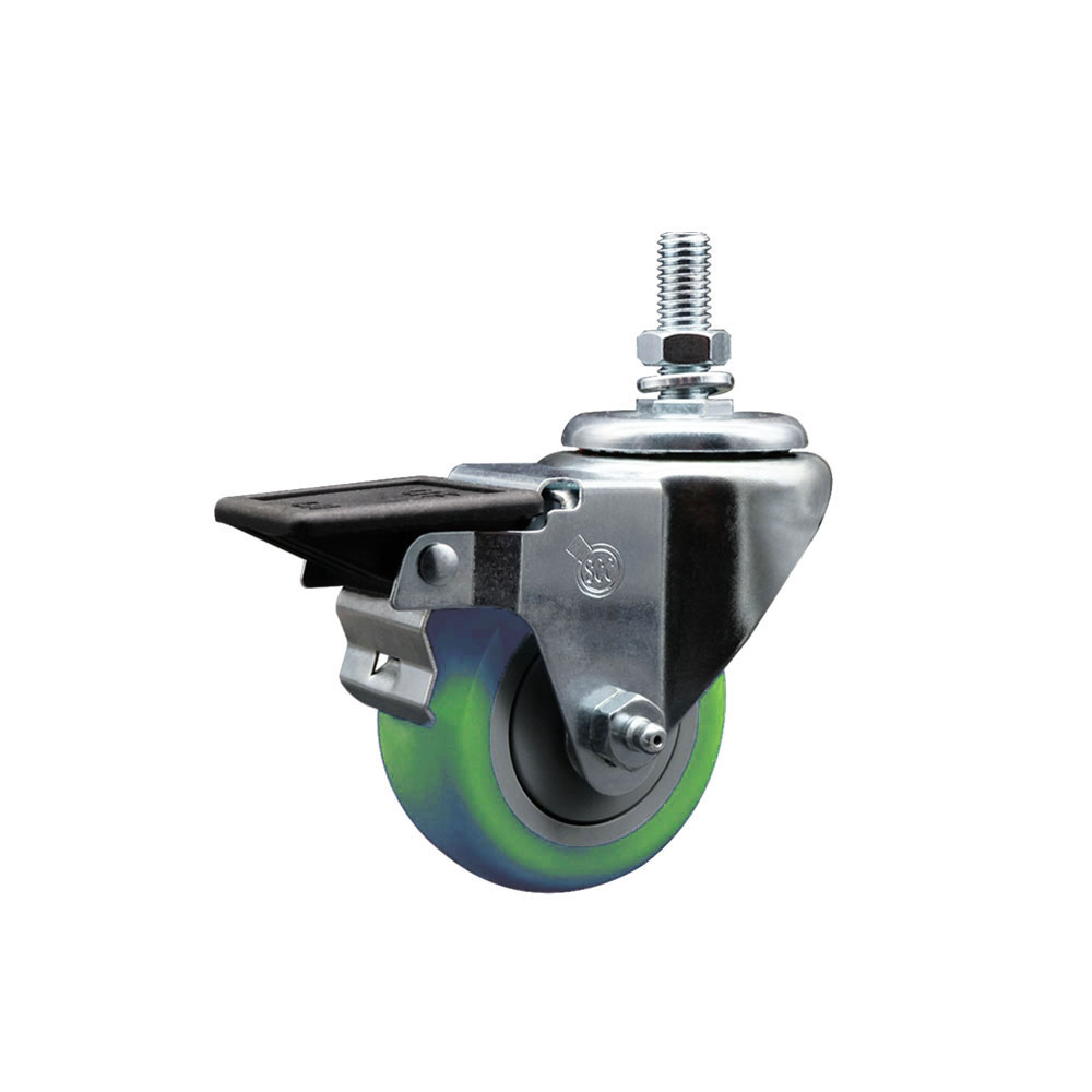 Polyurethane Swivel Threaded Stem Caster w/3" x 1.25" Green Wheel and 10MM Stem & Posi Locking Brake - 300 lbs Capacity/Caster - Service Caster Brand — photo 1