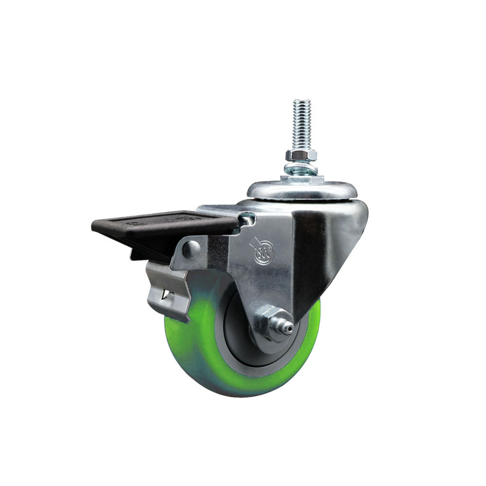 Polyurethane Swivel Threaded Stem Caster w/3" x 1.25" Green Wheel and 12MM Stem & Posi Locking Brake - 300 lbs Capacity/Caster - Service Caster Brand — photo 1