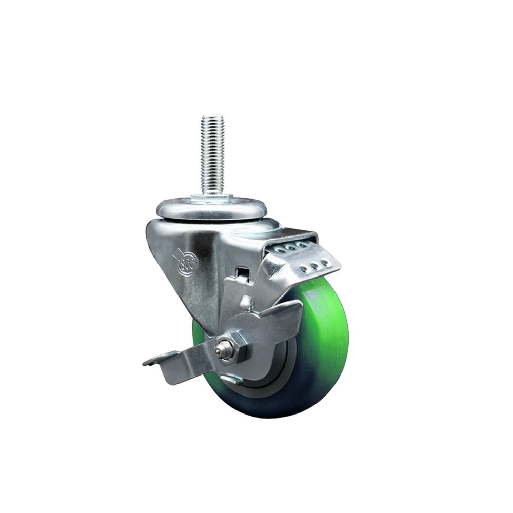 Polyurethane Swivel Threaded Stem Caster w/3" x 1.25" Green Wheel and 3/4" Stem & Top Locking Brake - 300 lbs Capacity/Caster - Service Caster Brand — photo 1