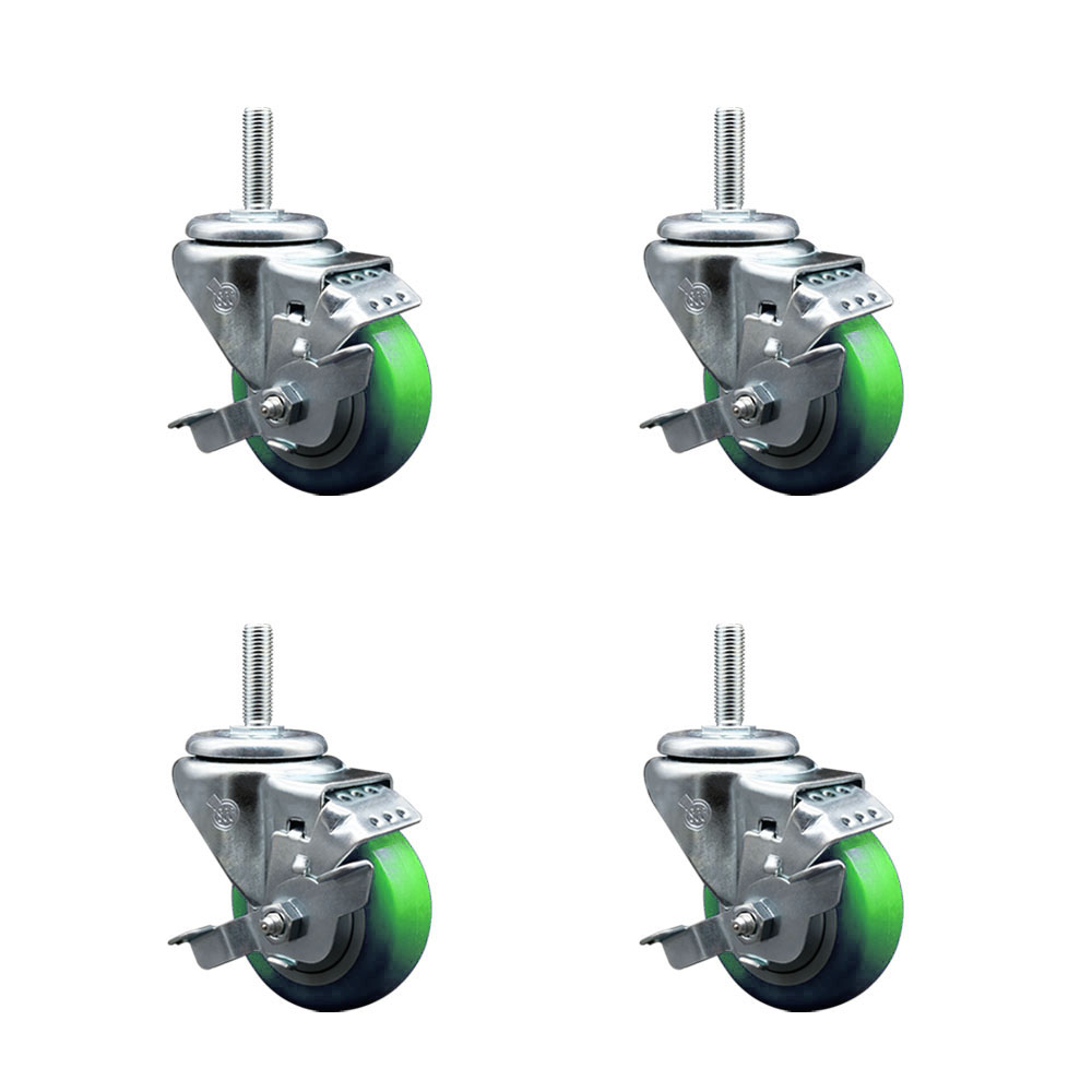 Polyurethane Swivel Threaded Stem Caster Set of 4 w/3" x 1.25" Green Wheels and 5/8" Stems - Includes 4 with Top Lock Brakes - 1,200 lbs Total Capacity - Service Caster Brand — photo 1