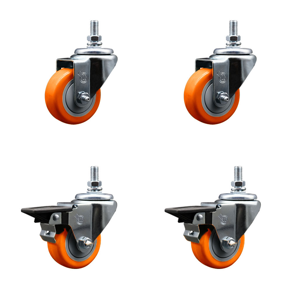 Polyurethane Swivel Threaded Stem Caster Set of 4 w/3" x 1.25" Orange Wheels and 10MM Stems - Includes 2 with Posi Locking Brake - 1,200 lbs Total Capacity - Service Caster Brand — photo 1