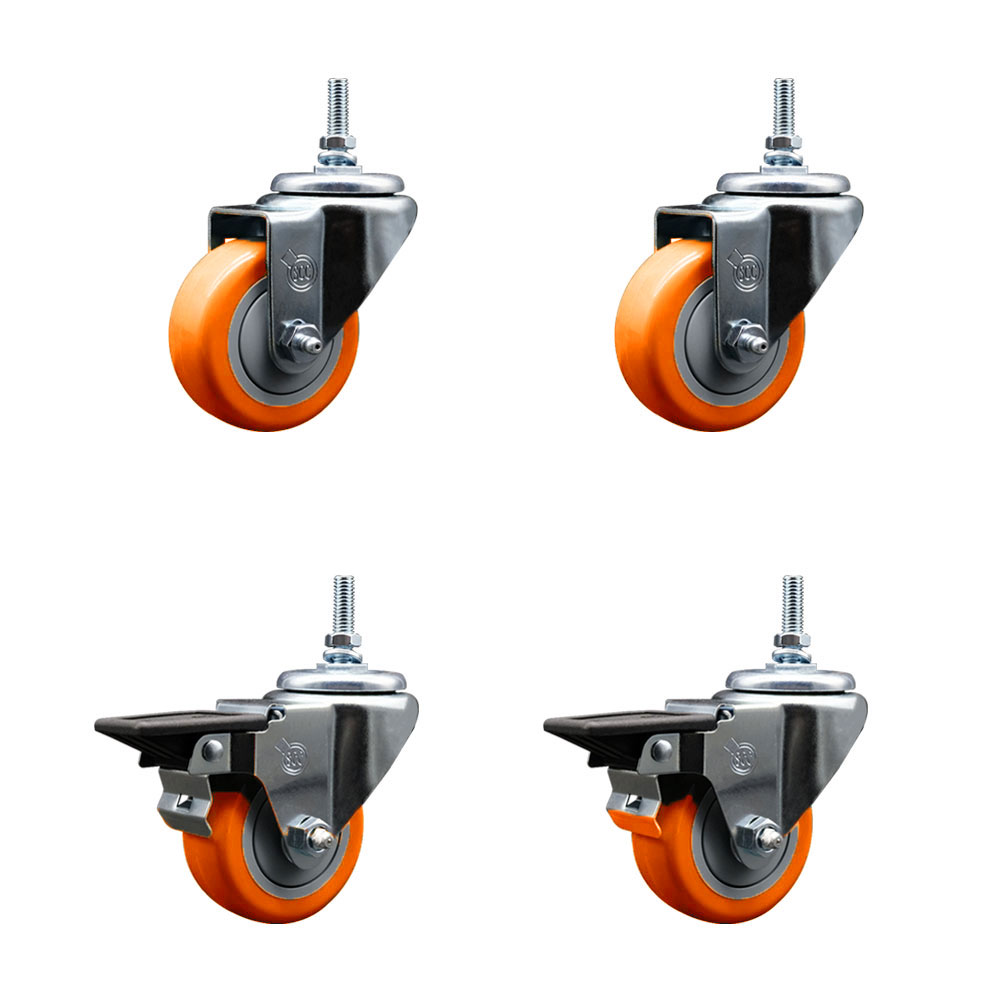 Polyurethane Swivel Threaded Stem Caster Set of 4 w/3" x 1.25" Orange Wheels and 12MM Stems - Includes 2 with Posi Locking Brake - 1,200 lbs Total Capacity - Service Caster Brand — photo 1