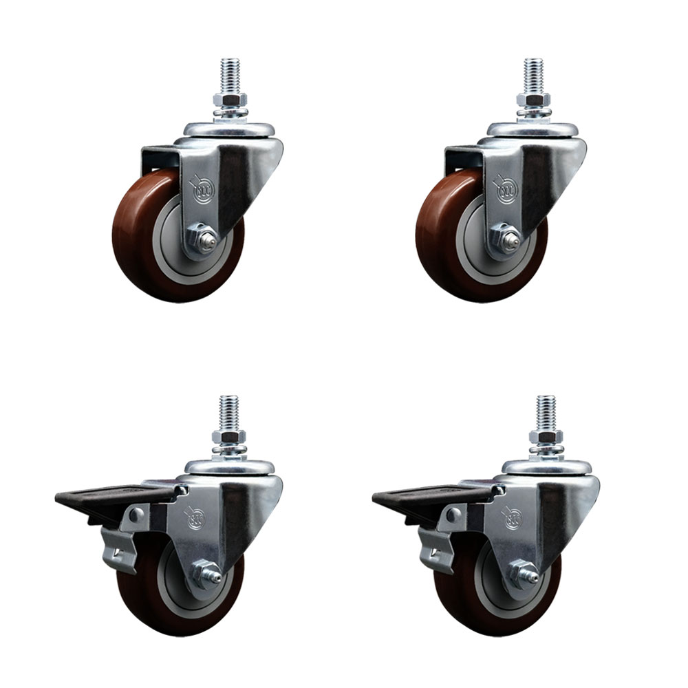 Polyurethane Swivel Threaded Stem Caster Set of 4 w/3" x 1.25" Maroon Wheels and 1/2" Stems - Includes 2 with Posi Locking Brake - 1,200 lbs Total Capacity - Service Caster Brand — photo 1
