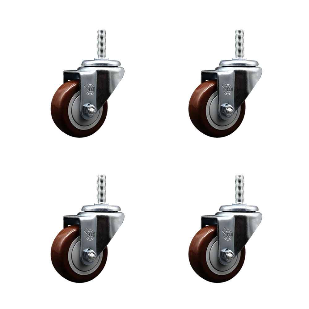 Polyurethane Swivel Threaded Stem Caster Set of 4 w/3" x 1.25" Maroon Wheels and 3/4" Stems - Includes 4 Swivel - 1,200 lbs Total Capacity - Service Caster Brand — photo 1