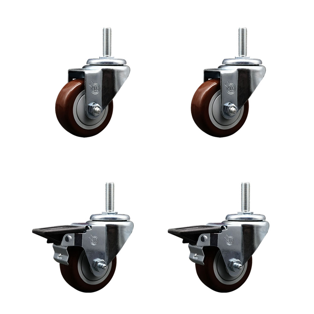 Polyurethane Swivel Threaded Stem Caster Set of 4 w/3" x 1.25" Maroon Wheels and 5/8" Stems - Includes 2 with Posi Locking Brake - 1,200 lbs Total Capacity - Service Caster Brand — photo 1